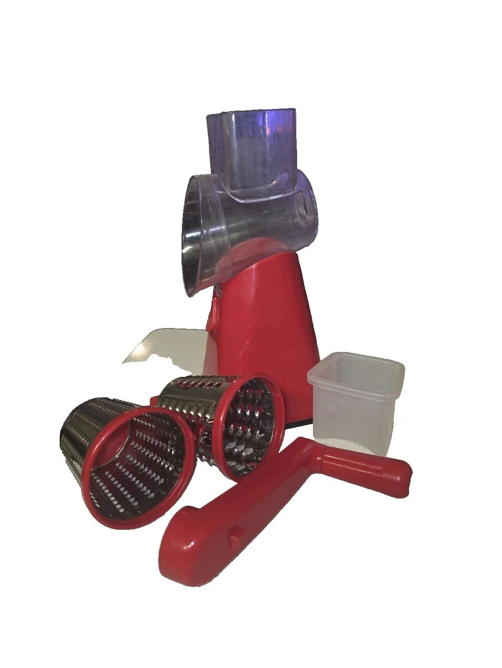 MANUAL ROTARY CHEESE GRATER 2 INTERCHANGEABLE DRUMS VEGETABLE SLICER RED SHREDDE